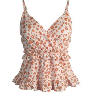 L Love Orange Floral Peplum Cami Top Ruffle Wrap Surplice LVN6006 Small